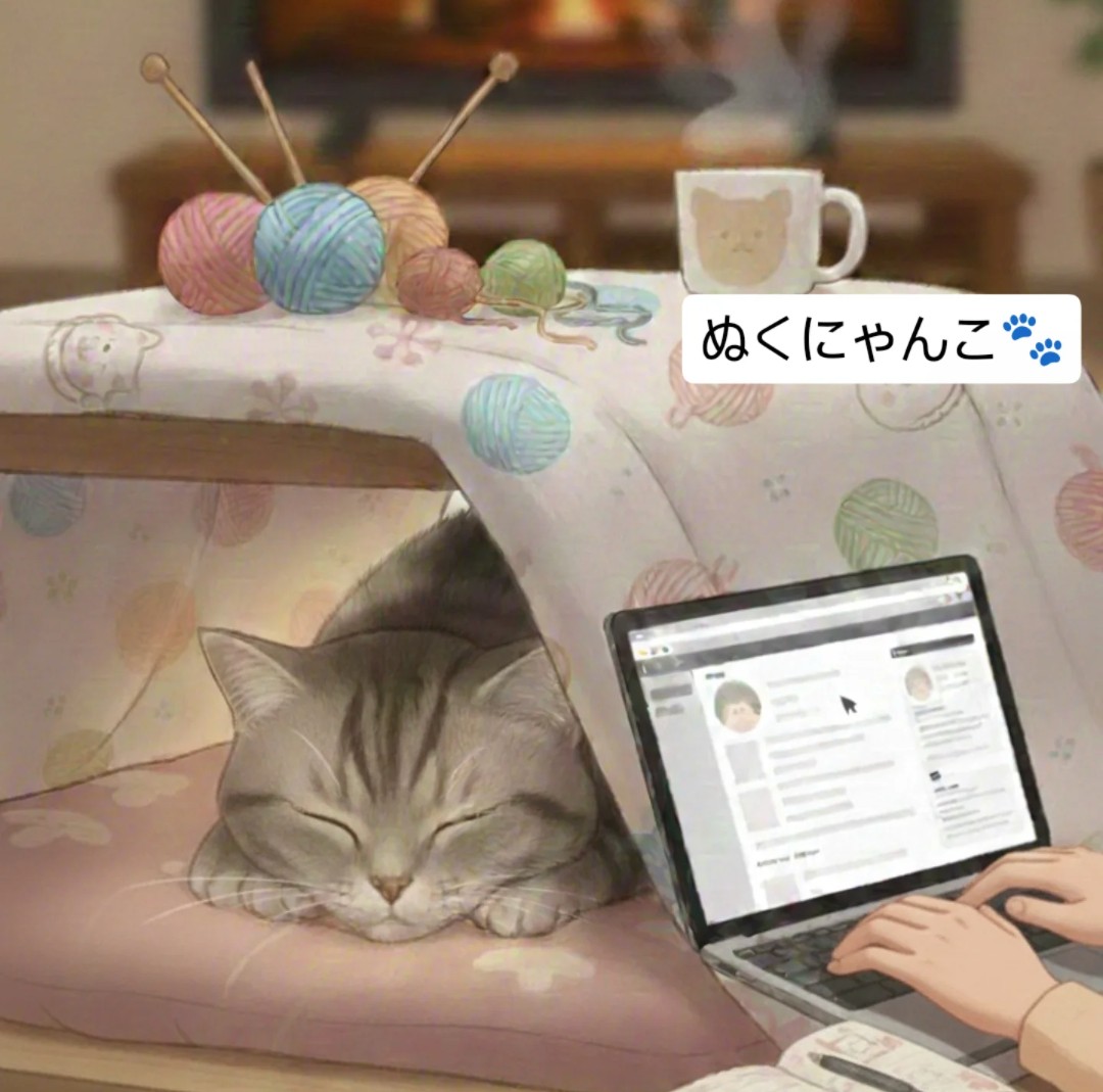 こたつで猫と編み物をするブログ初投稿のアイキャッチ
